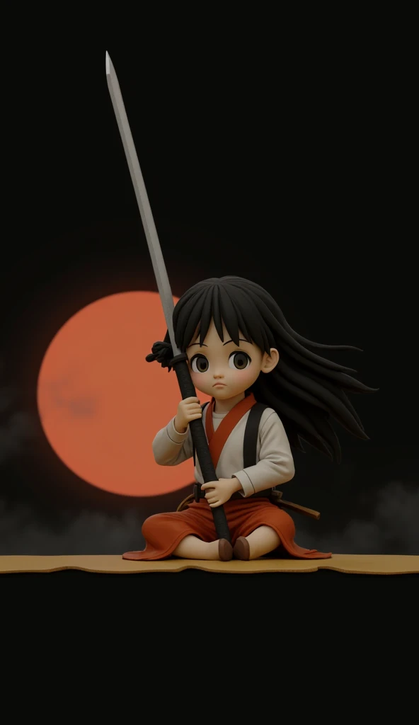 realistic photo. a boy with an upright body. long hair. carrying a complete weapon and a samurai sword. sitting on mustard while holding his weapon. background of a red moon on the battlefield.