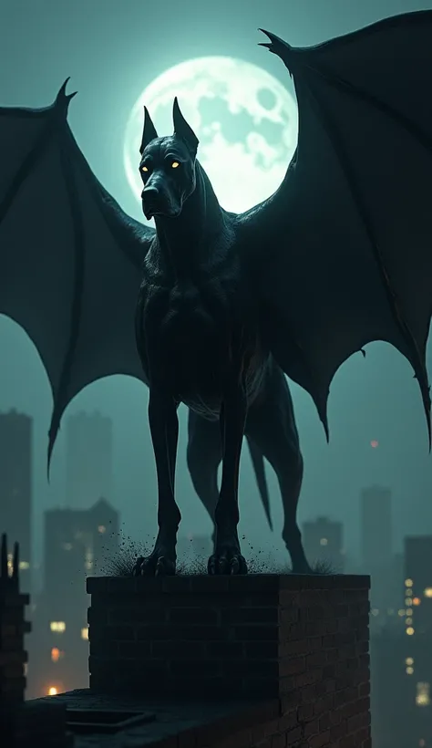 A massive, shadowy Great Dane with bat-like wings prowls the rooftops of Gotham, embodying the vengeance of a superhero as it hunts down criminals under the cover of night