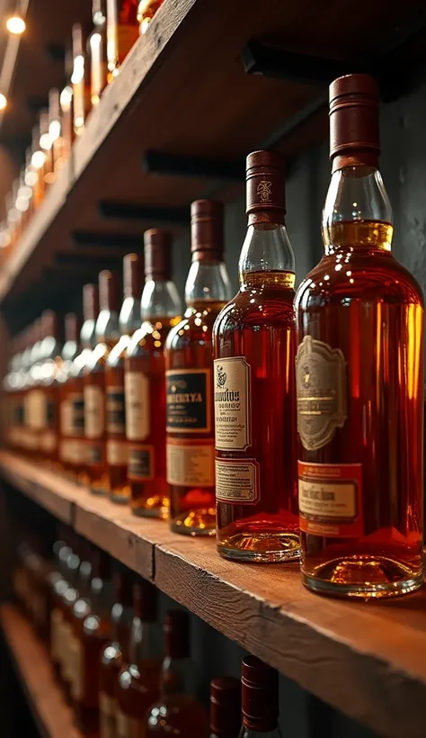 a high-quality whisky collection, whisky distillery, elegant and expensive whisky bottles between 12-60 years old, detailed realistic, intricate glass bottles,amber liquid,copper stills,wooden barrels,atmospheric lighting,glass reflection,luxury branding,p...