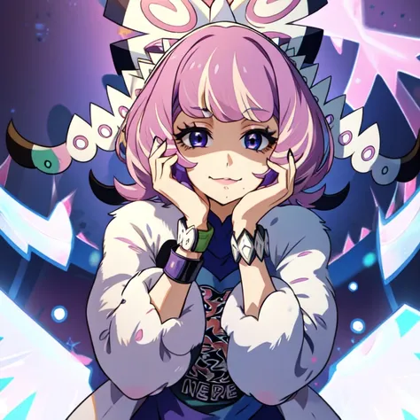 klara(pokemon), looking at viewer, mole, 1girl, pink lips, jacket, purple gloves, pink hair, hands on own face, closed mouth, sm...