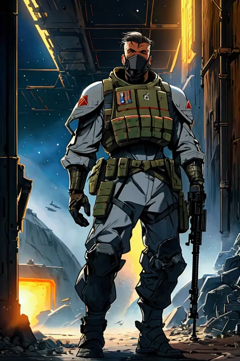 soldier in armored vest and steel gaunlets with assault rifle AK-47, retro-futurism, space opera