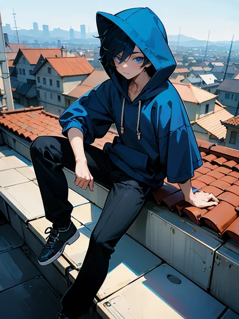 1male , Adult Male , Blackish Blue Hair , Blue Eyes , Fitted Black Collared Hoodie , Blue Hood , Hood on Head , Street Clothing , Black pants , Standinf on rooftop , Calm Expression , Lean Build , Perfect Generation