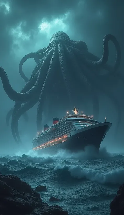 A photo of a large cruise ship on a stormy night. The sea is rough, with high waves and the ship is rocking. In the background, a giant tentacled creature is emerging from the dark waters around the ship. Its huge tentacles begin to wrap around the cruise ...