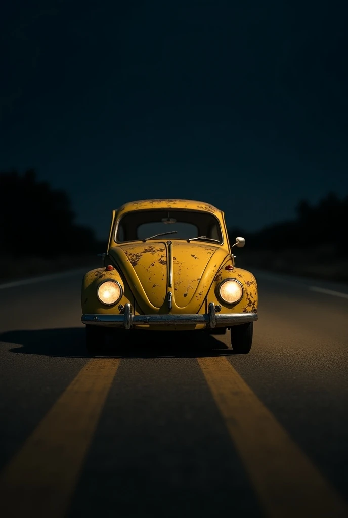 A yellow volkswagen, some paint chipping off, on the highway road, night view, lighting, details