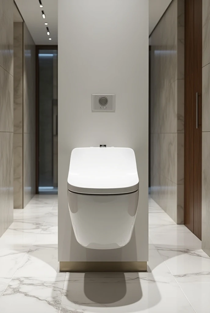 A toilet that hangs on an elevator. in a modern bathroom 