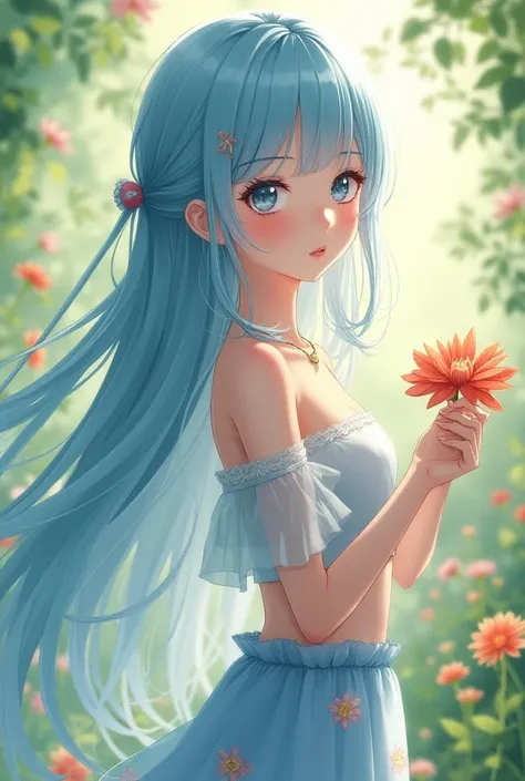 are of the best quality, E十tremely Detailed, (illustration,  Official Art :1.1), 1 girl , are very similarst Place(((( light blue Long发)))), ,(((( light blue Long发)))), light blue hair, ,, Long发 ((blush)) , Cute face, Big eyes, masterpiece, are of the best...