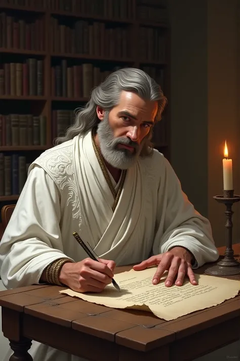 A man in white dress writes a letter on his table