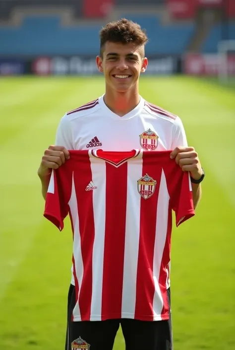  A 16-year-old soccer player holds the shirt with the manager on it 150 goals,The shirt is red and white 