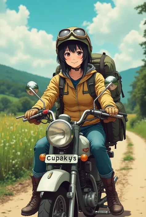 Beautiful and cute Japanese woman with a smile and messy black hair, helmet、goggles、gloves、jeans、boots、キャンプ用品を積んだモペットに乗っている、Rural Scenery、 High Resolution ,smile, far and near method, masterpiece, Accurate,  best quality,   American style propaganda poster...