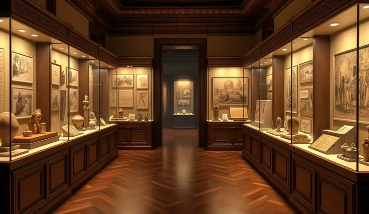 realistic, photorealistic, Museum room in New York in 1920, exhibition on ancient Egypt, display cases with papyrus fragments, engraved tablets, cat statuettes, ancient pottery, Egyptian jewelry, photos and ink drawings depicting excavations in a desert, w...