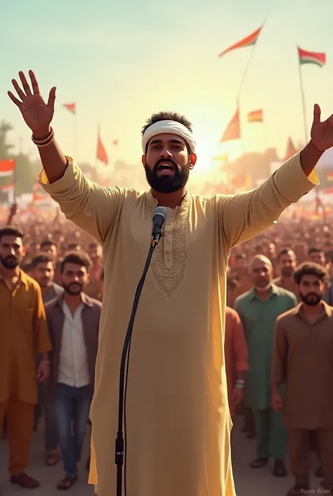 A man standing  confidently infront of mic motivating people standing infront of him wearing kurya paijama in the protest field (where strike takes place)