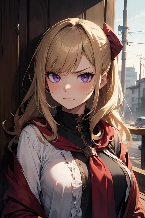 masterpiece, high quality, perfect face, 1 person, 1 girl, fantasy, slum, dirty, torn crimson cloak, dirty clothes, wavy blonde hair, purple eyes, annoyed face