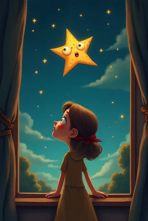 Funny woman looking out the window at the starry sky,  one big star with eyes flying down