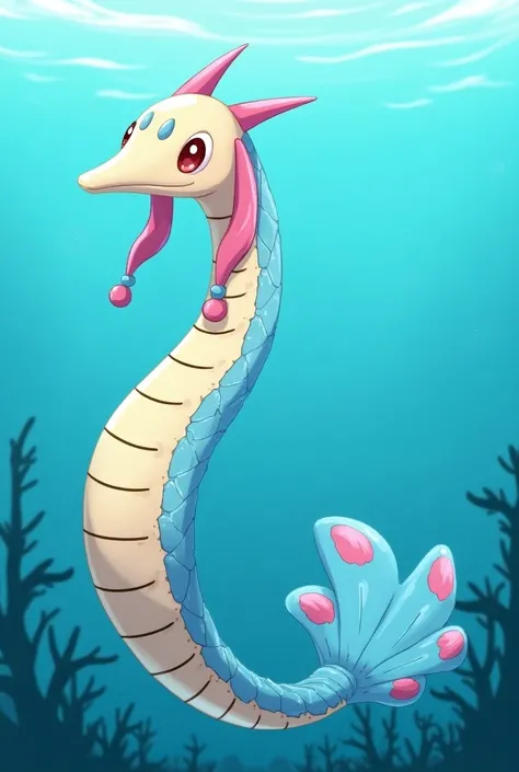 Milotic floats majestically through the water, with long, shimmering scales and elegant fins. Around it are gentle waves and bright aquatic plants, that underline its grace. Milotic is a long, sea serpent-like Pokémon. The front half of its approximately s...