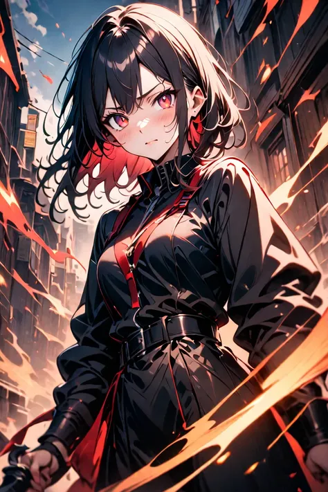 best quality, very aesthetic, absurdres, latest, ai-generated, cel anime, detailed black hair, shining eyes, deep red eyes, black clothes, holding shining dagger, flame, darkness