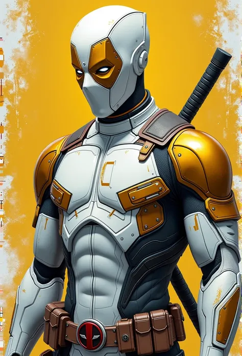 A deadpool, real white and gold color with titanium cybernetic suit, detalhado, designe perfeito, alta qualidade arestas perfeitas e simmetricas ::n_desenho de estilo, low quality defect, boneco, game, anime