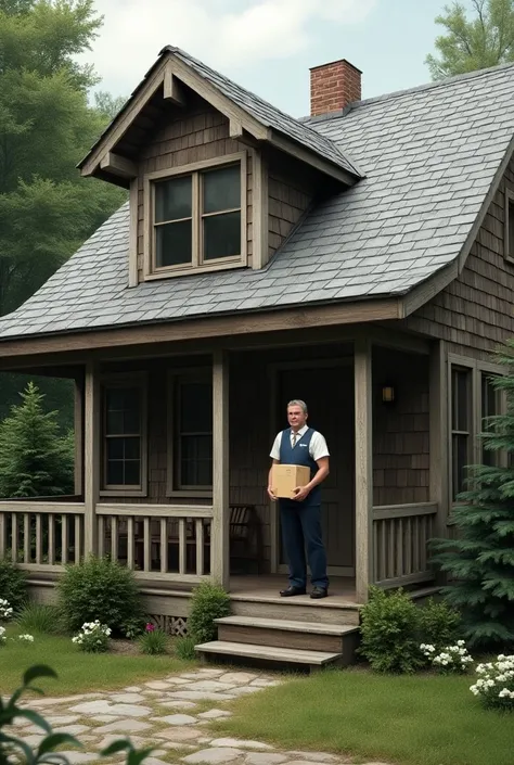 The deliveryman of the wooden roof gray house