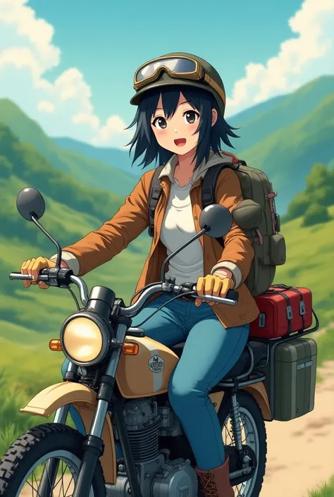 Beautiful and cute Japanese woman with a smile and messy black hair, helmet、goggles、gloves、jeans、boots、キャンプ用品を積んだモペットに乗っている、Rural Scenery、 High Resolution ,smile, far and near method, masterpiece, Accurate,  best quality,   American style propaganda poster...