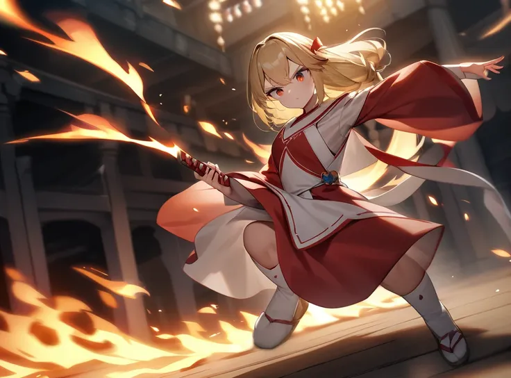 girl、 long blonde hair、solo、HDR、high quality、 High Resolution 、Beautiful Texture、Scarlet Ribbons 、 dynamic battle pose 、 Scarlet Fluffly Knee-Length imple orthodox red and white shrine maiden suit 、White knee socks、 holding a Japanese sword wearing a flame...