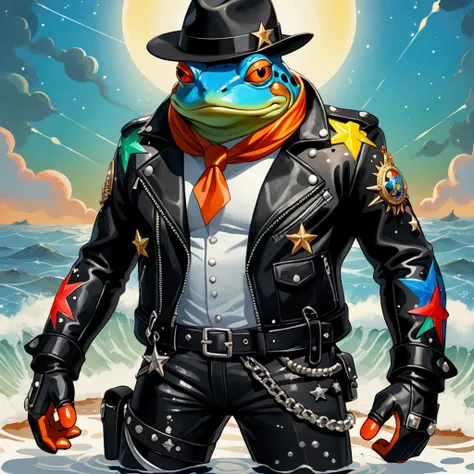 Closeup, anime art style, Portrait of an extremely badass anthropomorphic light blue and white bullfrog wearing an insanely cool black leather biker jacket open, black fedora, black leather biker gloves, black leather biker pants made of stars, standing fr...