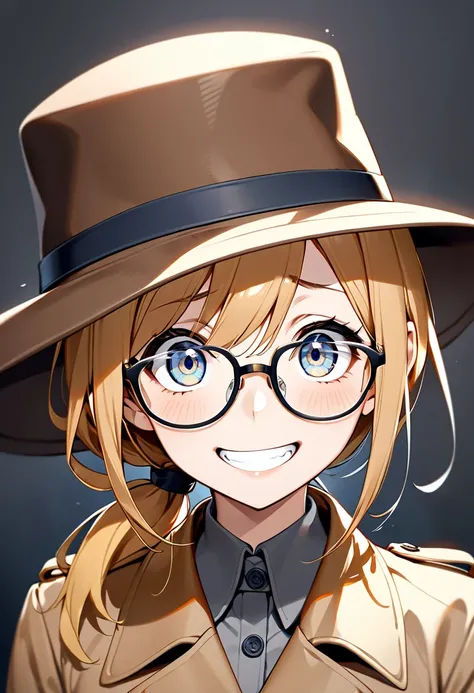 solo。1 person。Honey Blonde 。 Low Ponytail 。 Thin Rectangular Rimless Glasses 。Slender。23-year-old woman。 Blue and Grey Gradated Eyes。Real。Droopy eyes。Squint your eyes。 digital painting 。 Long Brown Trench Coat 。Brown suit。 Brown Hat 。Colt 、 Government。Squi...