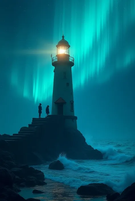 A light house that looks erre with someone holding a flash light at the top stairs of the light house, it os by the sea side and they are diffrent glow worms in the sea illuminating the sea , waves are crashing against the light house, a beautiful northern...