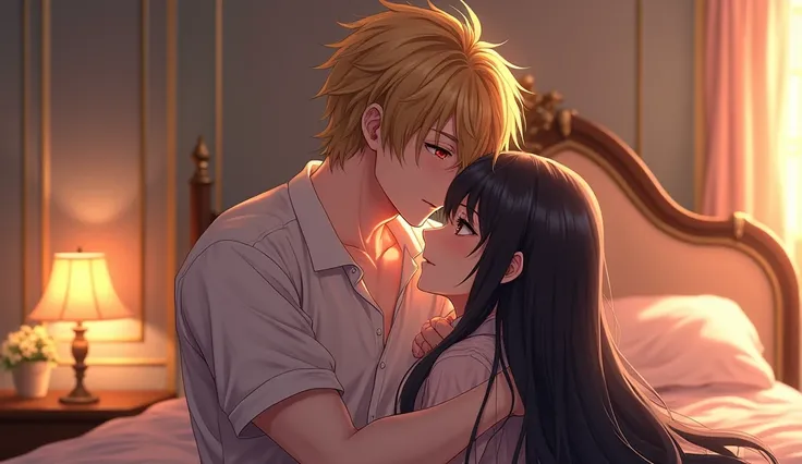 A 2D anime-style handsome man, reminiscent of characters from otome games, with blonde hair and striking red eyes, gently embraces a girl with long black hair in an intimate bedroom setting. The mans presence is emphasized with a focus on his protective an...