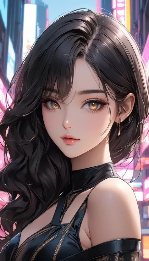 A close-up view of a semi-realistic anime-style woman, aged 25, with long, flowing dark hair styled in loose, voluminous waves. She has warm tan skin with a subtle golden undertone and a sharp, symmetrical face. Her jawline is softly defined, giving her an...