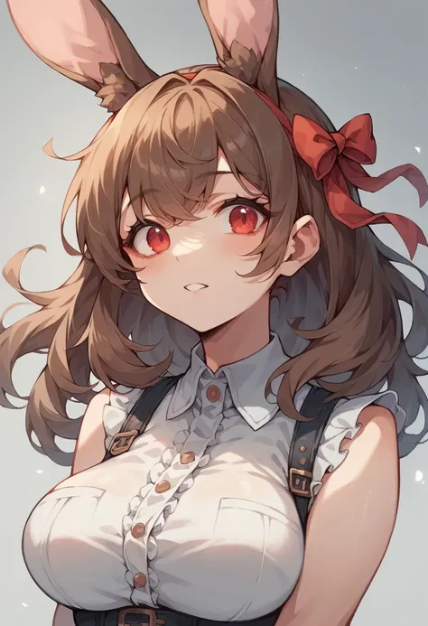 She looks surprisingly young for a 34-year-old woman. She has moderate length brown hair with long, unkempt bangs, red eyes and a gigantic bust. Furthermore, she also wears a long, bunny-themed ribbon on her hair.

