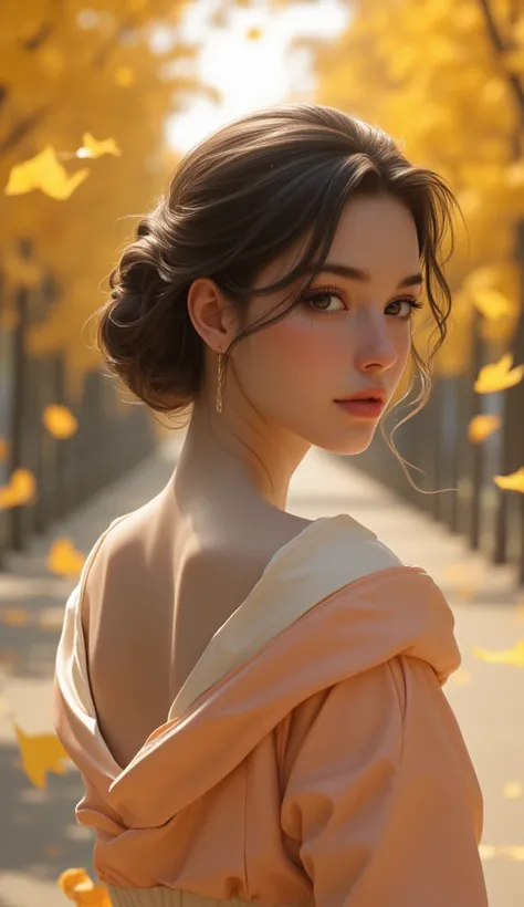 real cool beauty, excited to catch the falling leaves, glossy silky half updo, amorous expression, cortesy, elegance, dignity, c...