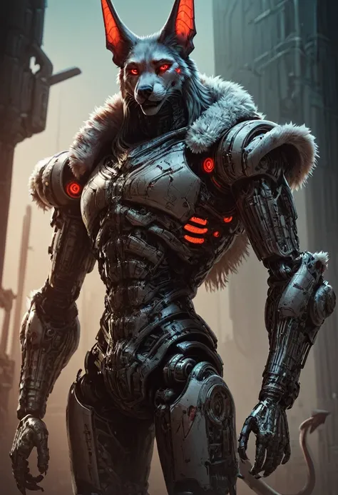 gigerworld, anthro jackal, heavy armor, demonic, red glowing eyes, robotic joints, intelligent, robotic parts, mechanization, fur mantle on shoulders, score_9, score_8_up, score_7_up, score_6_up, score_5_up, score_4_up,