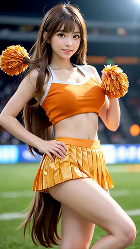 Product quality, 1 Beautiful Young Japanese Woman ,(Cheerleaders), cowboy shot,((Stadium Background:1.3)),((Holding large colorful pom-poms in both hands:1.3)),((Focus on the thighs:1.5)),(( Orange Cheerleader Uniform :1.5)),(( Orange Super Short Pleated M...