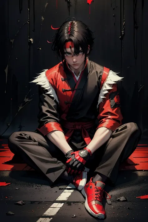 (best quality,4k,highres),solo male, sitting on the ground with a Chinese hanfu, black hair, handsome, fair skin, leaning against a wall, red Jordans, red ninja gloves, white hair, ninja headband, graffiti background, vibrant colors, urban art style, edgy ...