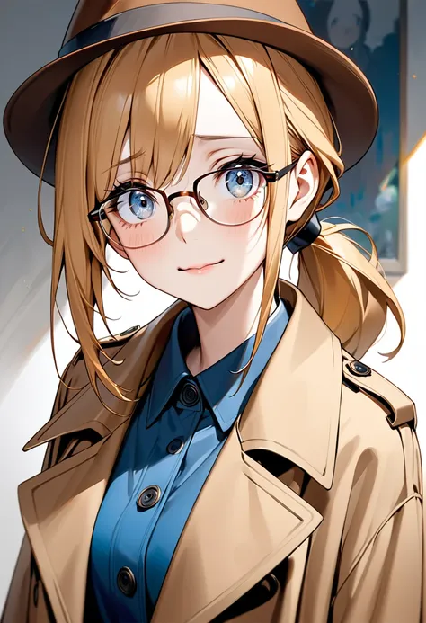 solo。1 person。Honey Blonde 。 Low Ponytail 。 Thin Rectangular Rimless Glasses 。Slender。23-year-old woman。 Blue and Grey Gradated Eyes。Real。Droopy eyes。Squint your eyes。 digital painting 。 Long Brown Trench Coat 。Brown suit。 Brown Hat 。Squint your eyes。Focus...