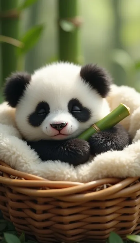 tiny cute fluffy panda sleeping in a cane basket with fluffy blanket tightly holding a tiny bambo. realistic and cute. higly detailed