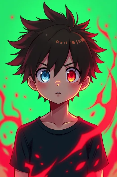 MAKE A CUSTOM ANIME CHARACTER he is a boyHAIR COLOUR IS BROWN THE HAIRSTYLE IS MESSY THE FACE IS CUTE AND A SHARP JAWLINE HE WEAR A SHIRT THE SHIRT COLOUR IS BLACK THE DONT MAKE BACKGROUND. He release some RED PARTICLES THE BG COLUR IS GREEN. HE HAS DARK P...