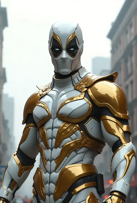 A deadpool, shiny white and gold armor, realistic and white background, details of the white and gold armor, the white and gold suielf, accurate and realistic image details, steel and titanium armor. in the middle of the city, potrait 