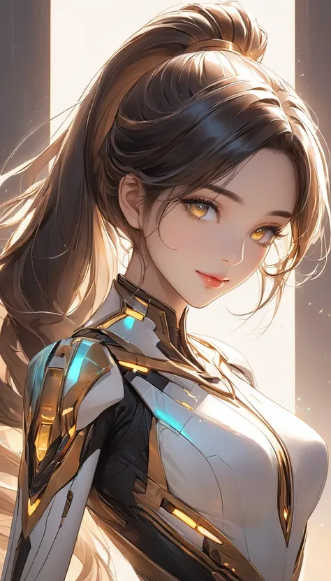 A waist-up view of a semi-realistic anime-style woman, aged 25, with long, sleek dark hair styled in a high ponytail. She has warm tan skin with a golden undertone, and her sharp, symmetrical face exudes elegance and poise. Her almond-shaped eyes, slightly...