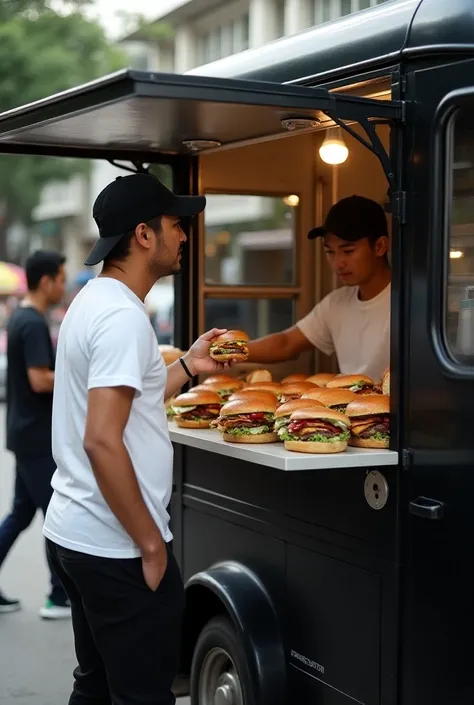 Create a picture black van, selling burger, a 30-years-old malay men wear black cap, wear white t shirt, wea black long pants, natural light, details, photography