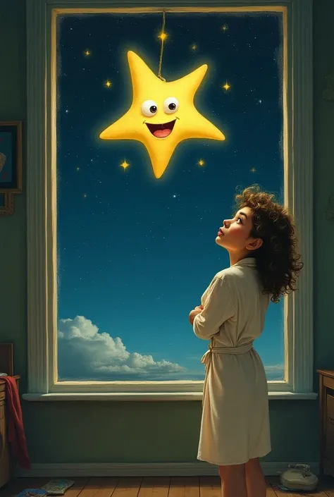 Funny woman in a bathrobe with hair curlers naked looking out the window at the starry sky,  one big star with eyes flying down