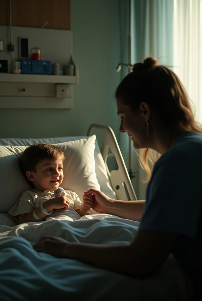 A very realistic and deeply moving scene in a dimly lit hospital room. A young , approximately , lies in a hospital bed, hooked up to an IV. The s face displays a courageous and gentle smile, despite obvious signs of fatigue. The  holds tightly a small ted...