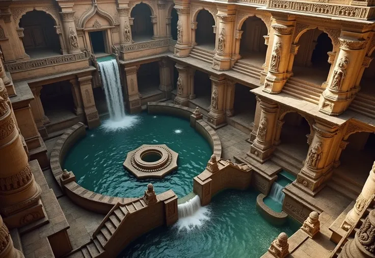 Envision an enormous, ancient South Indian bathhouse nestled within a grand palace. The architecture is inspired by the intricate beauty of traditional Indian stepwells, with a multi-layered design that seems to descend into the earth. Carved stone walls a...