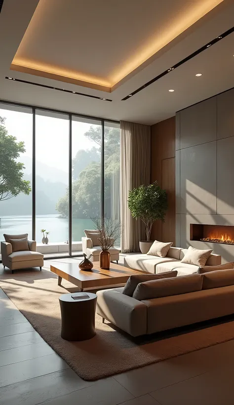 Design an image of the spacious living room in a modern luxury house. The room should feature large glass windows that offer panoramic views of the tropical landscape outside. Include a sleek, contemporary sofa and armchairs arranged around a minimalist co...