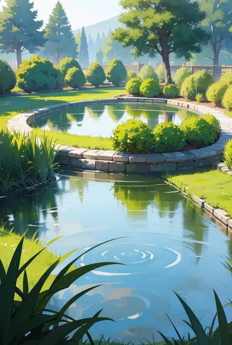 A round pond with full of water in a garden with grass in front 
