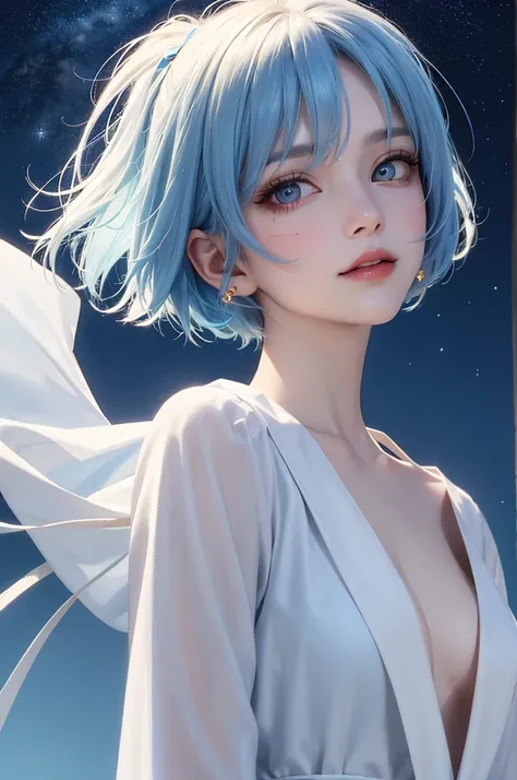 masterpiece，Best Quality，8k， Detailed Skin Textures ，Detailed cloth texture，Beautifully detailed face， intricate details ，Super detailed，Portrait of Rei Ayanami， blue hair ，Red colored eyes， pixie cut，The sky background is pale blue,Blue and white robe,fro...