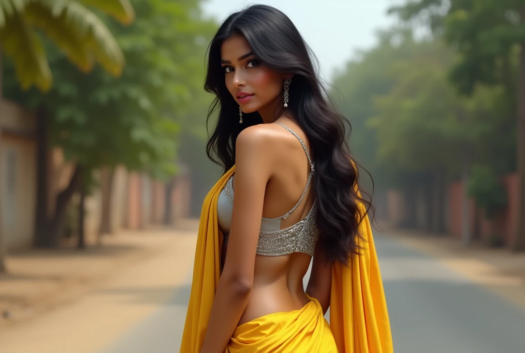 pretty like princess,indian woman turning her head back while showing her back in a indian road,sexy back pose,she is wearing shiny textured yellow satin saree on a silver satin u neck short sleeve blouse,photo realistuc,long lush hair,glossy pink lips ,de...