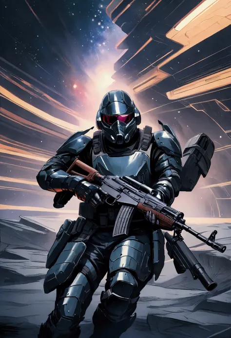 soldier in armored vest and steel gaunlets with assault rifle AK-47, retro-futurism, space opera