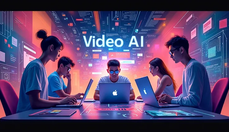 Create a banner that describing FB group name VIDEO AI INDINESIA.no human, just design ilsutration. Including computer, smartphone and grafic dessign.