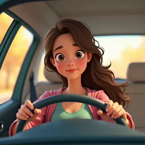  Create images of people sitting behind the wheel - Young mother  (25-40 years old ):  Active woman ,  combining motherhood and personal interests . Rides a crossover,  to comfortably carry ren and their belongings . Pixar style front view