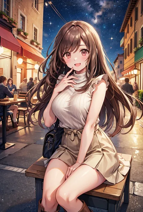 1 girl, solo,  high resolution , long hair, ((large breasts)), smile,  brown eyes , brown hair, in the streets of italy,  high r...